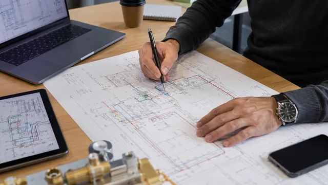 Ingénieur travaillant sur un plan de réseaux de fluides