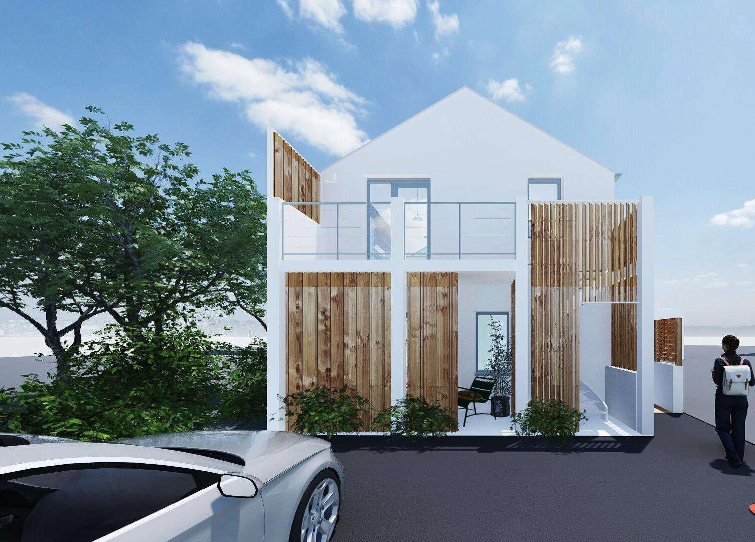 Perspective de la maison de Plaintel : façade blanche à pignon, bardage bois vertical et terrasse à l’étage