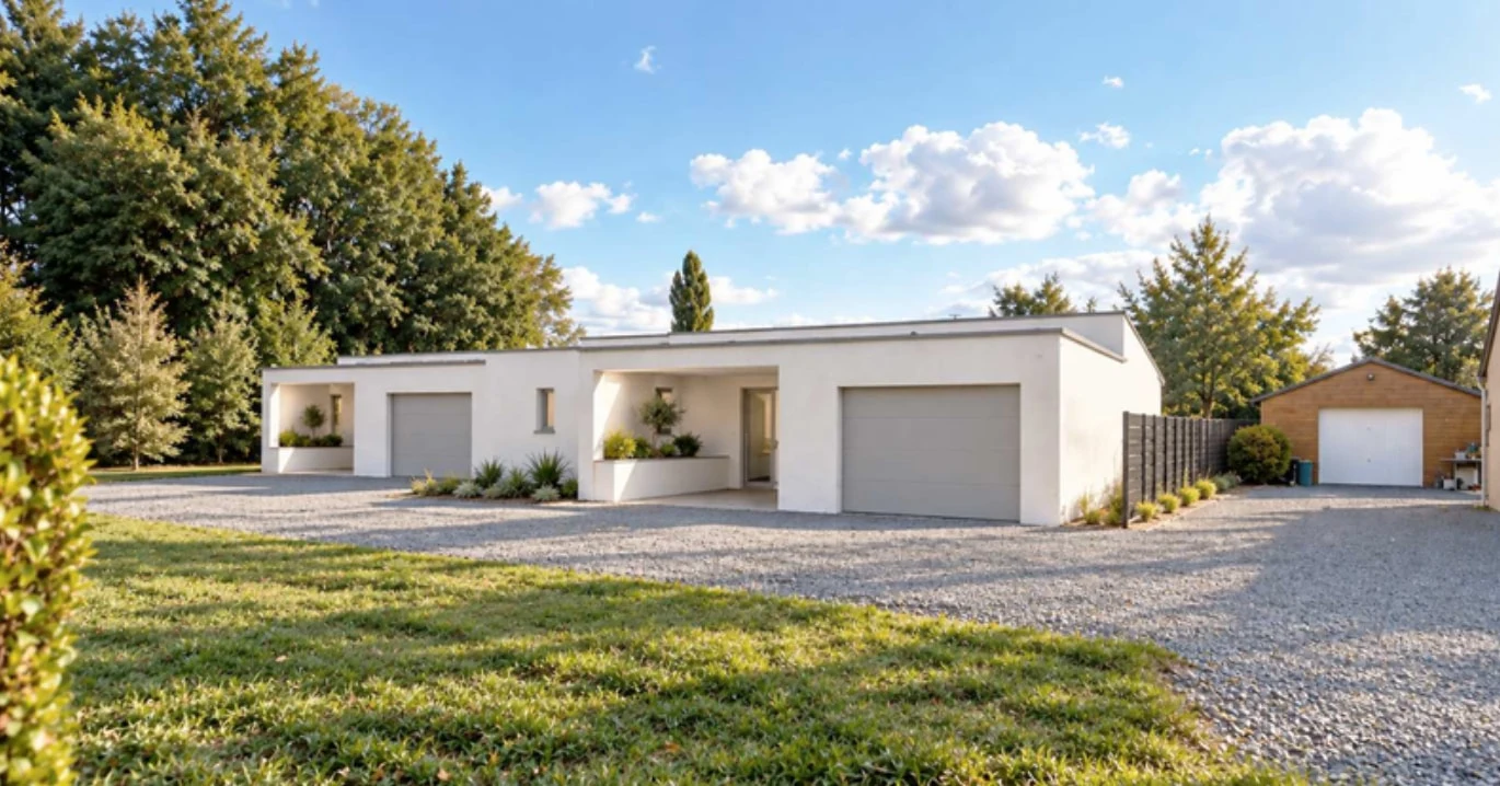 Rendu des deux maisons de plain-pied de Saint-Carreuc : façades blanches, portes de garage grises et cour en gravier