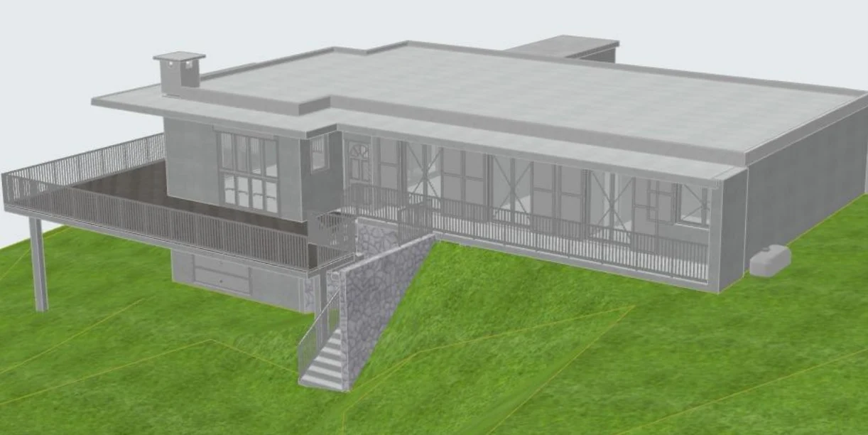Modèle 3D de la maison rénovée, avec sa grande terrasse et ses toitures plates