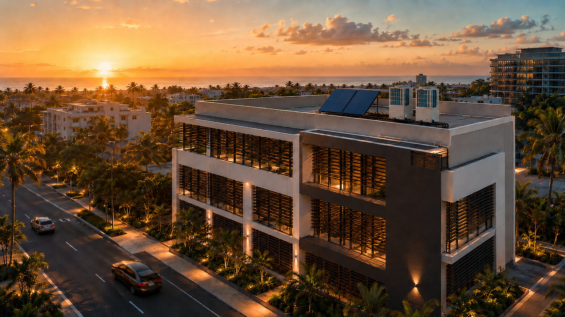 Immeuble à haute performance climatique au coucher du soleil, La Réunion